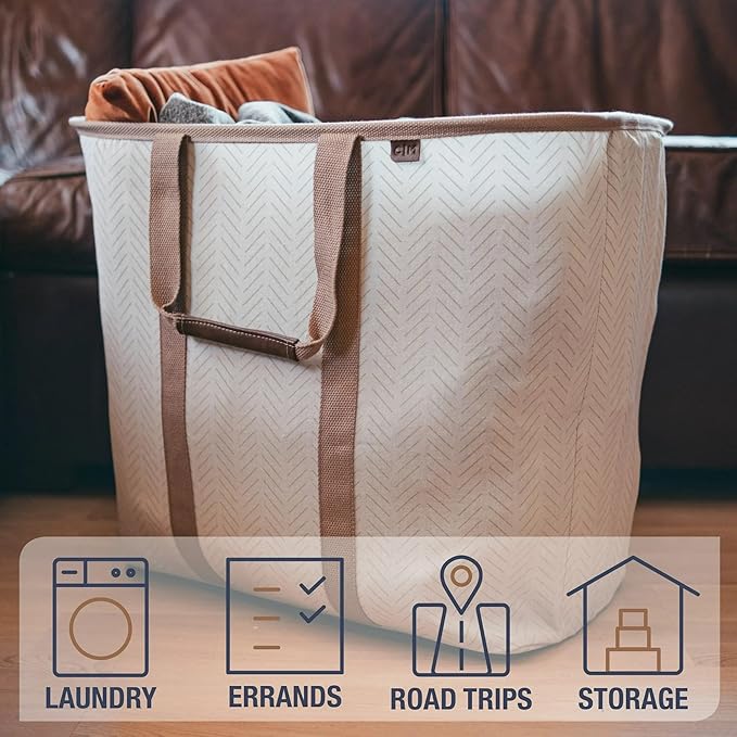 CleverMade LUXE Collapsible Laundry Caddy, 64L, 2 Pack, Mocha | Refined fabric and vegan leather details suit open rooms. The structured frame carries 2 loads and folds flat for storage.