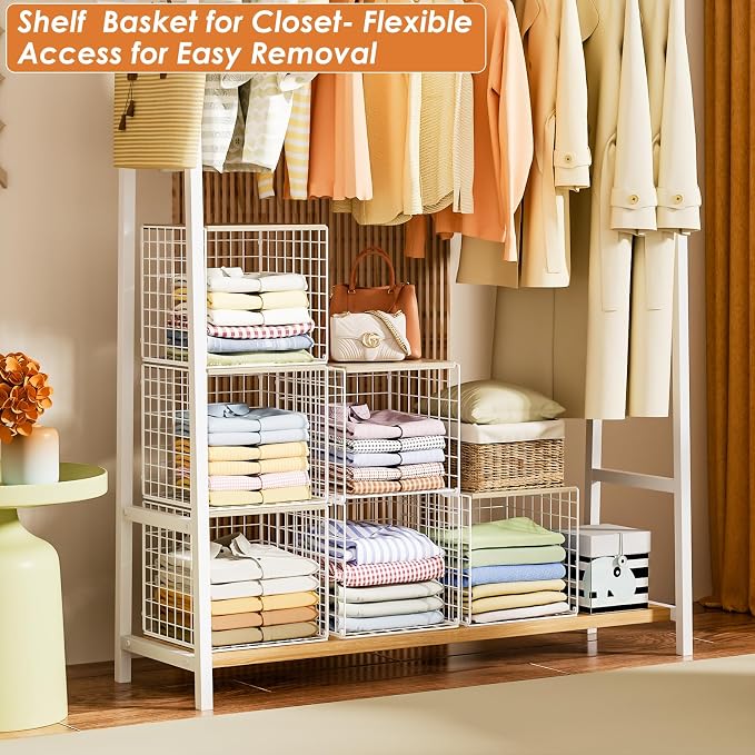 Hencawima 5PCS Stackable Closet Organizers and Storage, Closet Shelves with Wood Top Extra Storage, Clothes Storage Organizer Basket Bin/Cube for Home Wardrobe Organization(White-Sturdy Metal)