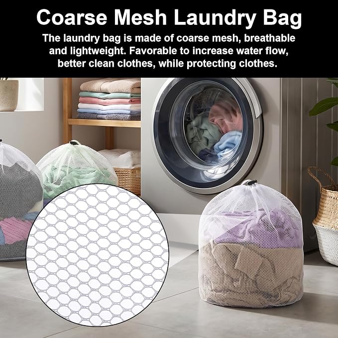 3 Pcs Mesh Laundry Bags, Drawstring Net Bags for Laundry Mesh Wash Bag Garment Bag for Washing Machine Home College Dorm Hotel Travel Family and Apartment Dwellers Use (3 Sizes)