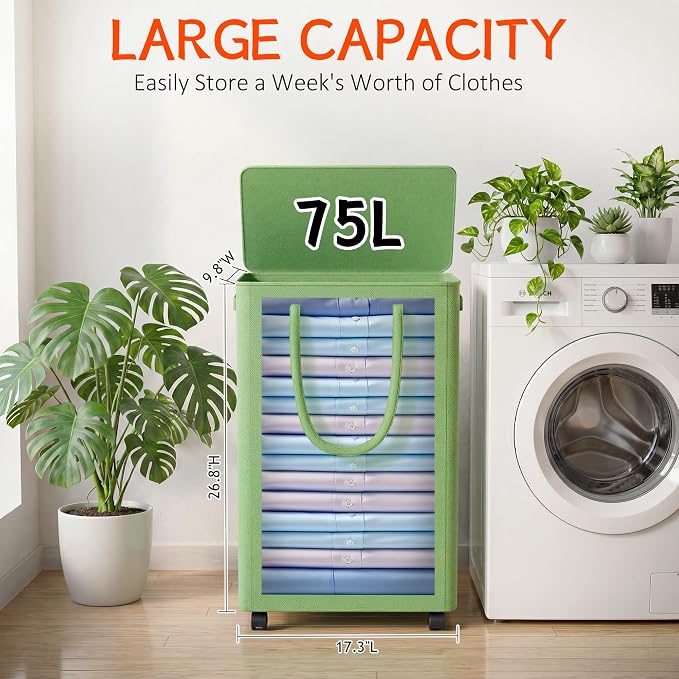 Slim Laundry Hamper with Wheels,20 Gal (75L) Rolling Laundry Basket with lid and wheels Clothes Hamper Foldable Tall Dirty Clothes Basket Sturdy Collapsible Clothes Hamper for Dorm,Laundry Room