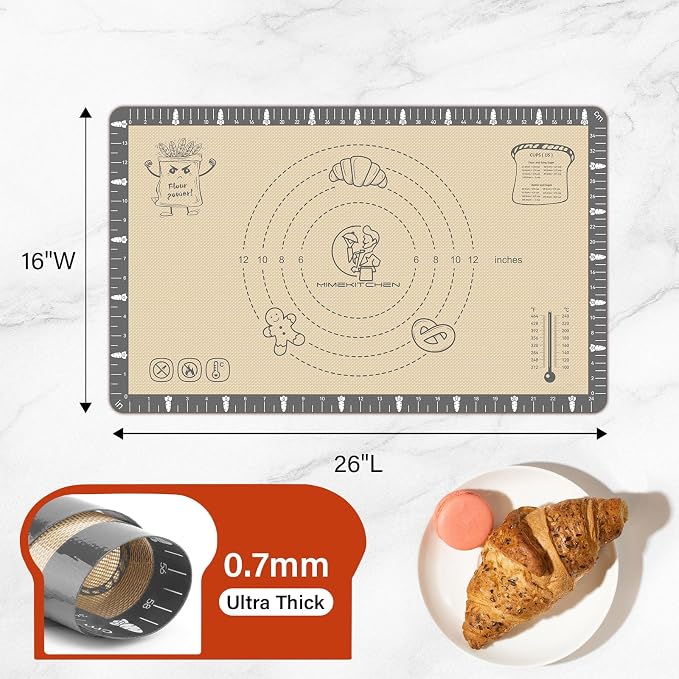 Silicone Baking Mat with Cookie Recipes, Extra Thick Silicone Mat for Baking Macaron, Bread, Pizza, Non Stick Pastry Mat for Dough Rolling Out, Heat Resistant to 480°F for Baker