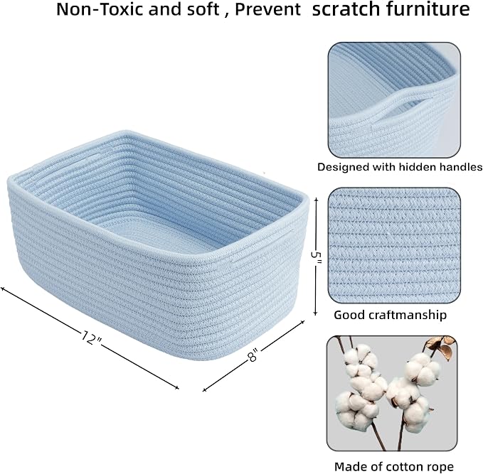XUANGUO Small Woven Storage Baskets 12“X8”X5“ Decorative Rope Bins for Organizing Shelves, Closets, and Toys, Empty Gift Baskets, Cute Organizer Basket for Home and Office (blue, regular)