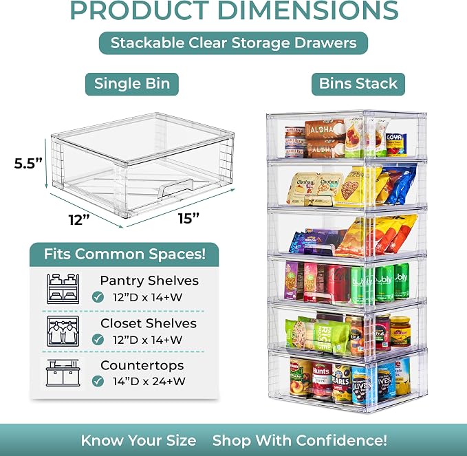Sorbus Stackable Clear Storage Drawers, Pull-Out Organizer Bins – Large Plastic Drawer Organizers for Bathroom, Under Sink, Closet, Pantry & Kitchen Organization (4 Pack)