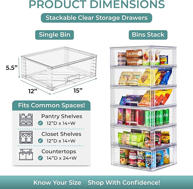 Sorbus Stackable Clear Storage Drawers, Pull-Out Organizer Bins - Large Plastic Drawer Organizers for Bathroom, under Sink, Closet, Pantry & Kitchen Organization (6 Pack)