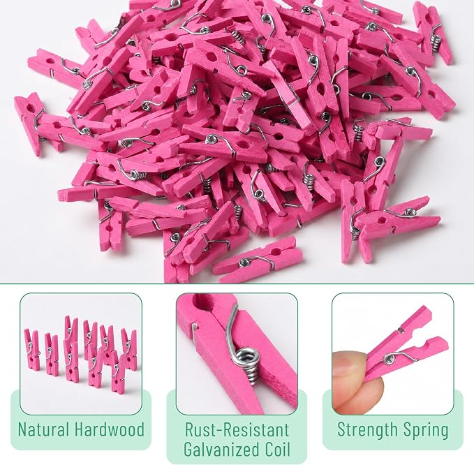 Mr. Pen- Mini Wooden Clothes Pins for Photo, 1 Inch, 200 Pack, Pink Small Clothespins with 10 Meter Jute Twine for Scrapbooking, Labeling Plants, Gift Tags, Tiny Crafts, Photo Display, Decoration