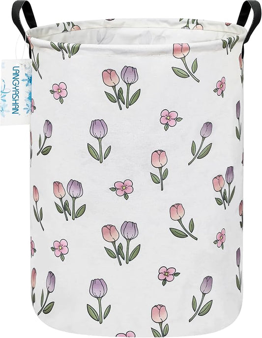 Round Laundry Basket Collapsible Storage Hamper Organizer Romantic Tulip | Waterproof Canvas Foldable Baskets with sturdy Handles Multi-scene Organizer for Home Play Bedroom Gift Bin