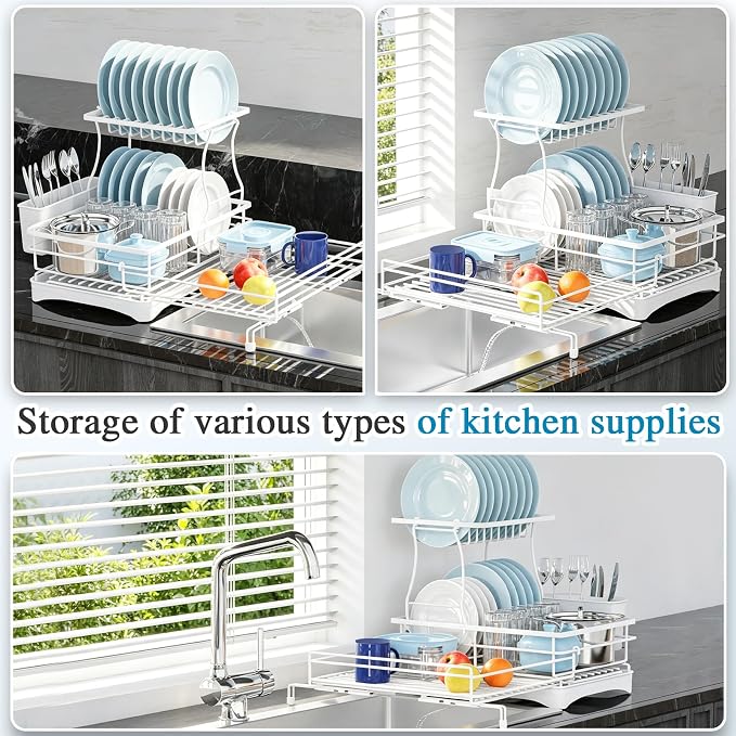 2 Tier Dish Drying Rack, Large Extendable Dish Racks for Kitchen Counter , Dishrack with Drainboard, 2-in-1 Anti-Rust Stainless Steel Dish Drainer with Utensil Holder (White, double of Dish Rack)