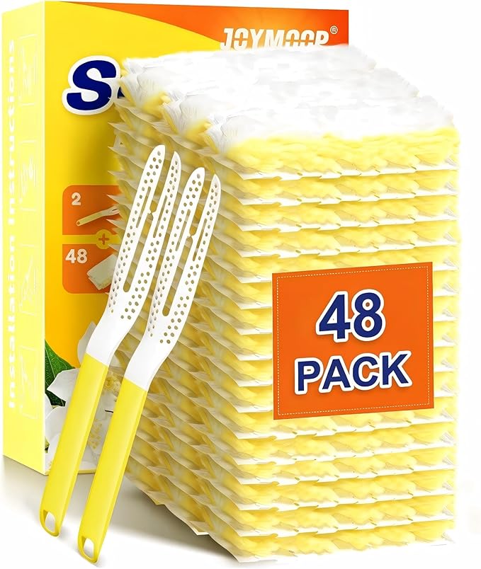 JOYMOOP Disposable Electrostatic Duster for Cleaning, with 2 Handles & 48 Ct Yellow Heavy Duty Refills for Swiffer Feather Duster, Household Cleaning Tool for Electronics, Dusting Furniture, Blinds
