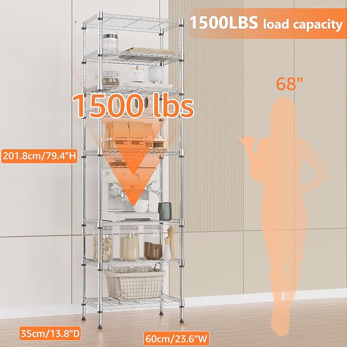 IZEUK 8 Tier Adjustable Metal Storage Shelving Unit, Heavy Duty Standing Rack Organizer for Kitchen, Pantry, Laundry Room, Garage or Basement, 2000 lbs Capacity, 23.6 W x 13.8 D x 79.5 H, Chrome