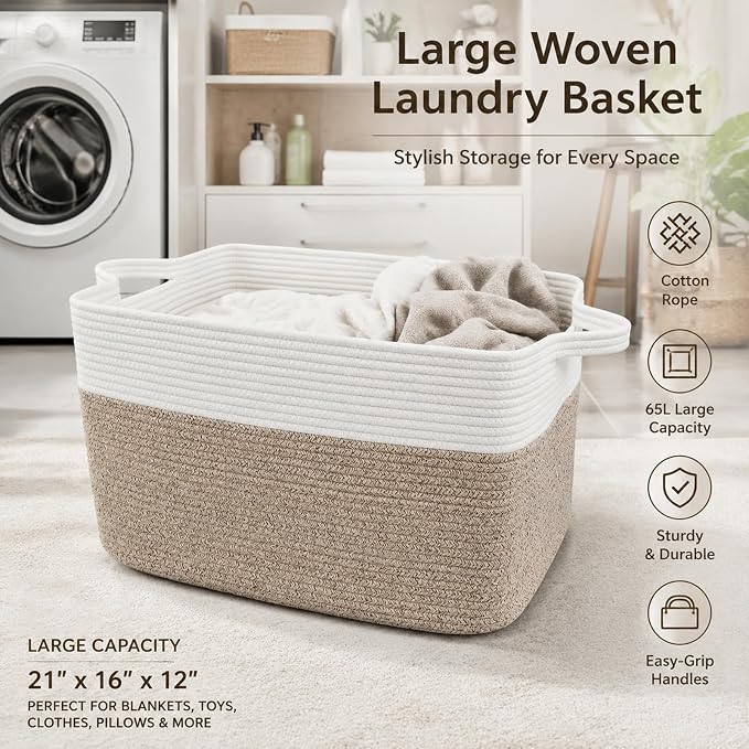 65L Laundry Basket with Handles, Woven Blanket Basket, White/Brown | 21"×16"×12" Collapsible Cotton Rope Storage Basket for Toys Clothes & Pillows, Nursery, Bathroom, Bedroom, Living Room