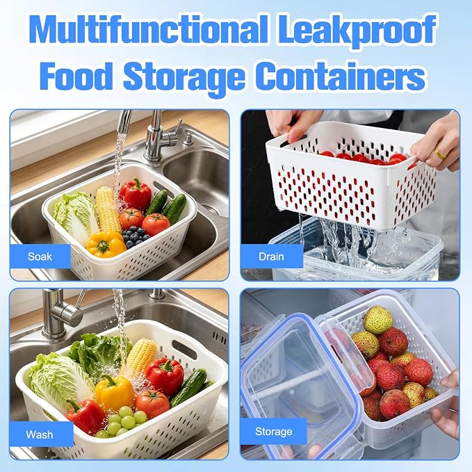 3 PCS Fruit Storage Containers for Fridge,Removable Colander,Airtight Food Storage Containers,Keep Fresh Longer