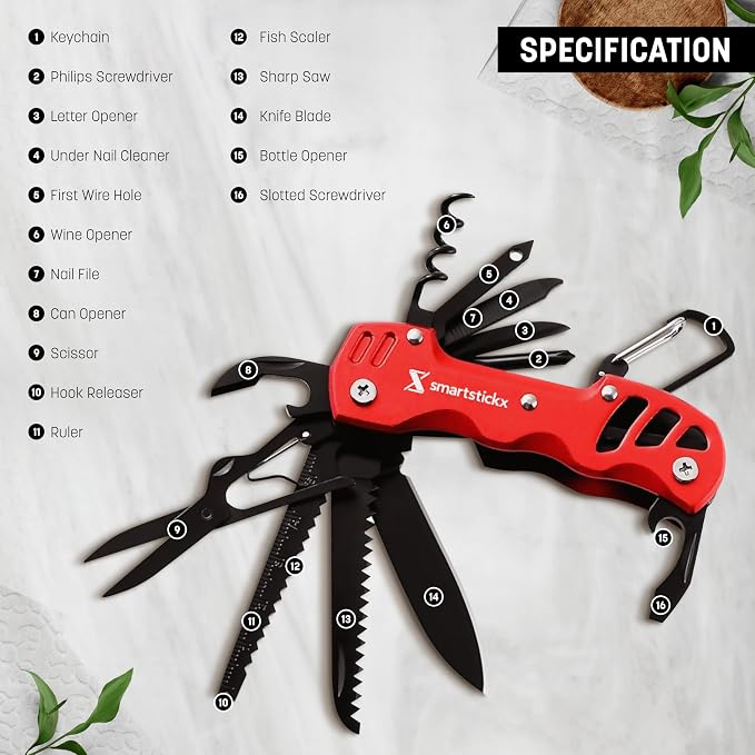 16-in-1 Multi Tool Tactical Survival Knife – Camping Gear, Red | Fish Scaler, Bottle Opener, Scissors, Saw, Screwdrivers, Keychain Ring, Anti-Oxidation Coating, Compact EDC Pocket Size