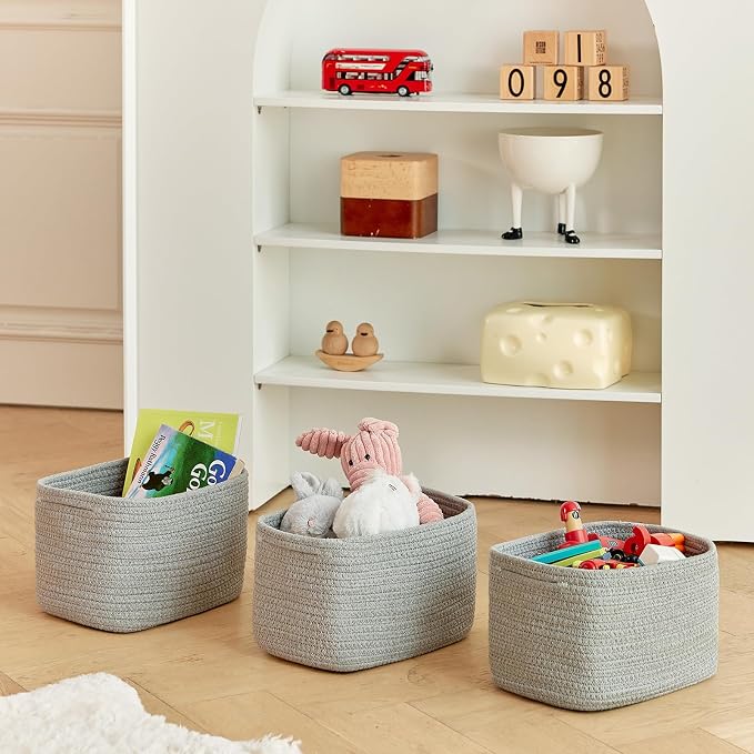 R RUNKA Small Cotton Rope Basket – Storage Bin for Organizing (10.6" x 6.7" x 6.7"), Bathroom Storage Basket for Shelf, Counter & Closet（Grey）