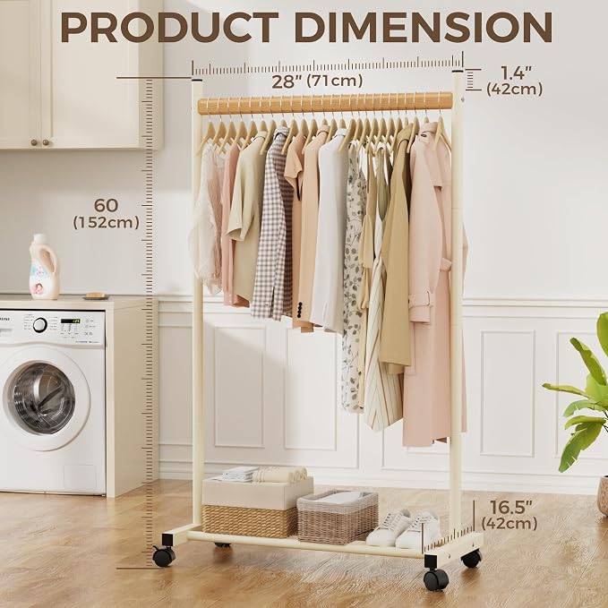 White Clothing Rack for Hanging Clothes, Portable Rolling Clothes Rack with Wheels, Heavy-Duty Metal Garment Racks with Bottom Shelf, Large Load Capacity & Easy Assembly