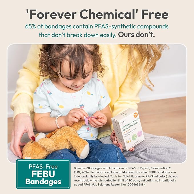 FEBU Wildflower Meadow Print Bamboo Fabric Bandages, 50 Count Strip | PFAS-Free, Natural Hypoallergenic, Compostable, Latex Free; For Scraps, Cuts and First Aid