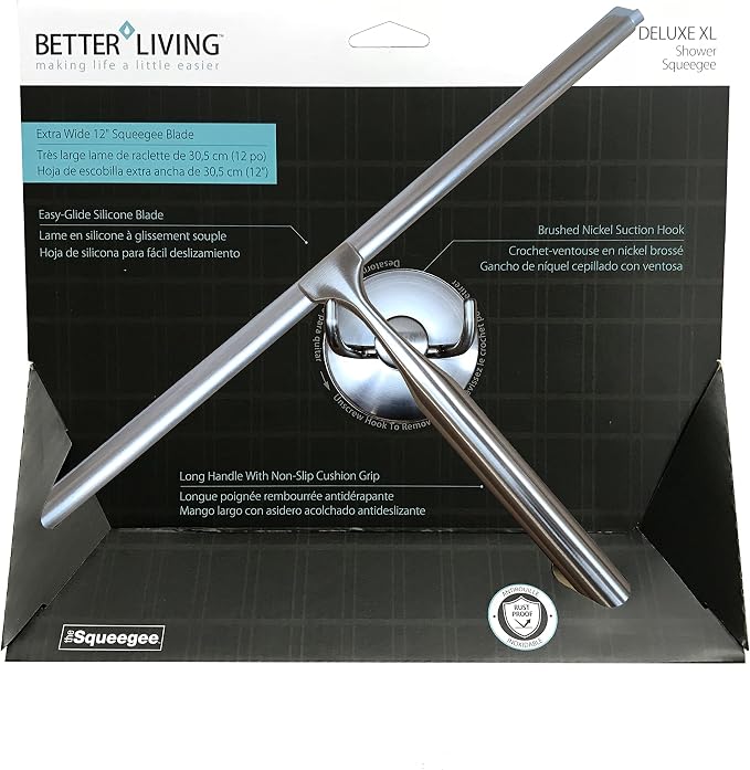 Better Living Deluxe XL Shower Squeegee, 12” Blade, Brushed Nickel | Multi-Purpose Silicone Squeegee Blade w/ Storage Hook, Rust-proof Heavy Duty Window, Glass, Shower Scrubber, Windshield Wiper