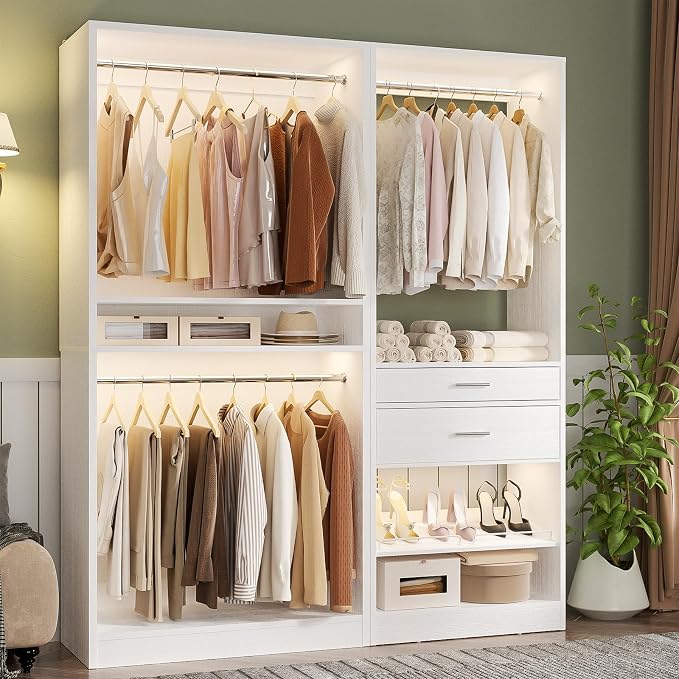 Unikito Closet System Set of 2, 5FT Closet Systems with 2 Wood Drawers, 61" Closet Organizer System with 3 Hanging Rods & 2 Shelves, Heavy Duty 61 Inch Walk-in Closet , White (61" L x 16" W x 80" H)