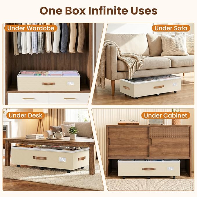 Budding Joy 80L 2 Pack Adjustable Under Bed Storage with Wheels, Beige | Underbed containers with clear lids, rolling underbed shoe storage organizer for dorm clothes, blankets, easy to install