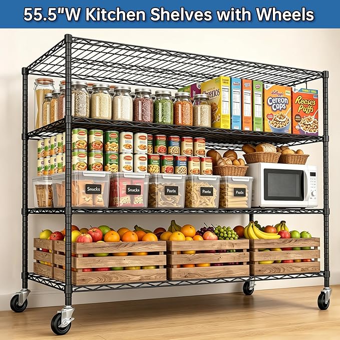 Heavy Duty Garage Shelving with Wheels: 55.5" W x 24" D x 81" H 4 Tier Wire Metal Storage Shelves, Adjustable NSF Commercial Shelf, Rolling Tote Rack Organizer for Pantry, Warehouse, 2PCS