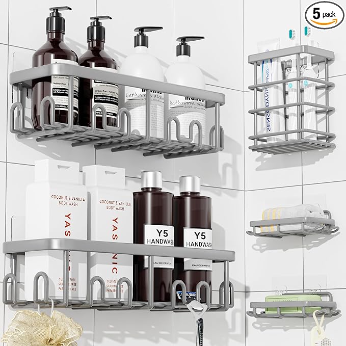YASONIC Shower Caddy Adhesive, 100% Rustproof Shower Organizer with Soap and Toothbrush Holder, Large Capacity Shower Shelves for Inside Shower, No Drill Shower Storage for Home (5 Pack Grey)