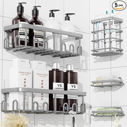 YASONIC Shower Caddy Adhesive, 100% Rustproof Shower Organizer with Soap and Toothbrush Holder, Large Capacity Shower Shelves for Inside Shower, No Drill Shower Storage for Home (5 Pack Grey)