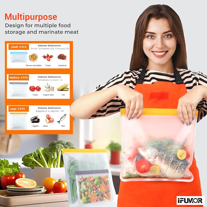 7 Pack Reusable Sandwich Storage Bags, BPA Free Leakproof Food Storage, Dishwasher Safe and Silicone-Free Freezer Bags