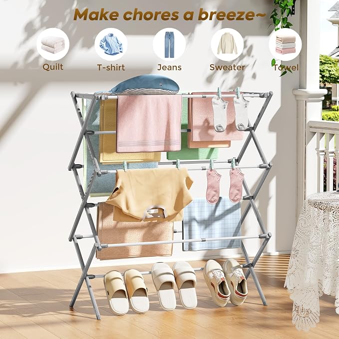 KINGBOARD 3-Tier Extendable Clothes Drying Rack, Foldable, White & Grey | 37.4"H x 33.8"W x 11.2"D, Space-Saving Collapsible, Easy Assembly, Rust-Resistant Iron Frame, Indoor Outdoor Use, 25lb