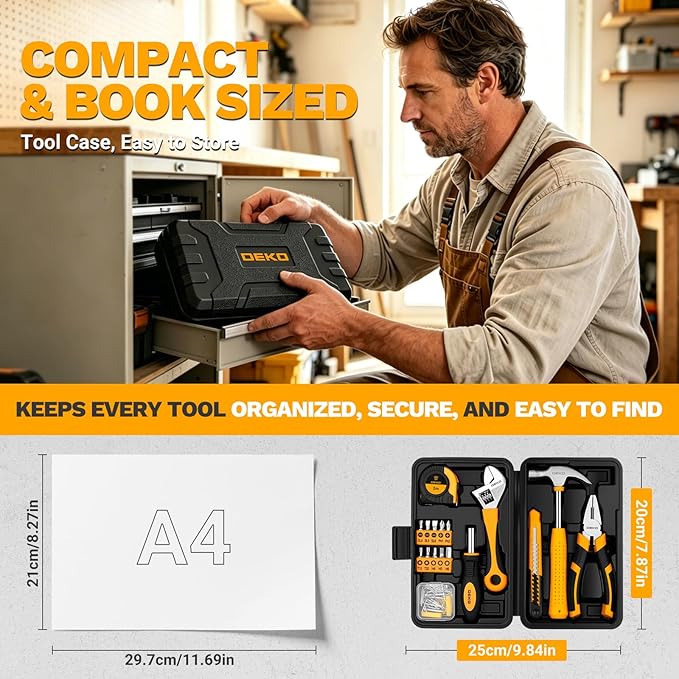 DEKOPRO 86PCS Tool Set Household DIY Tool Kit with Storage Toolbox, Small Compact Hand Tool Box Set for Home Use, DIY, Apartment, Office & Home Repair, Orange