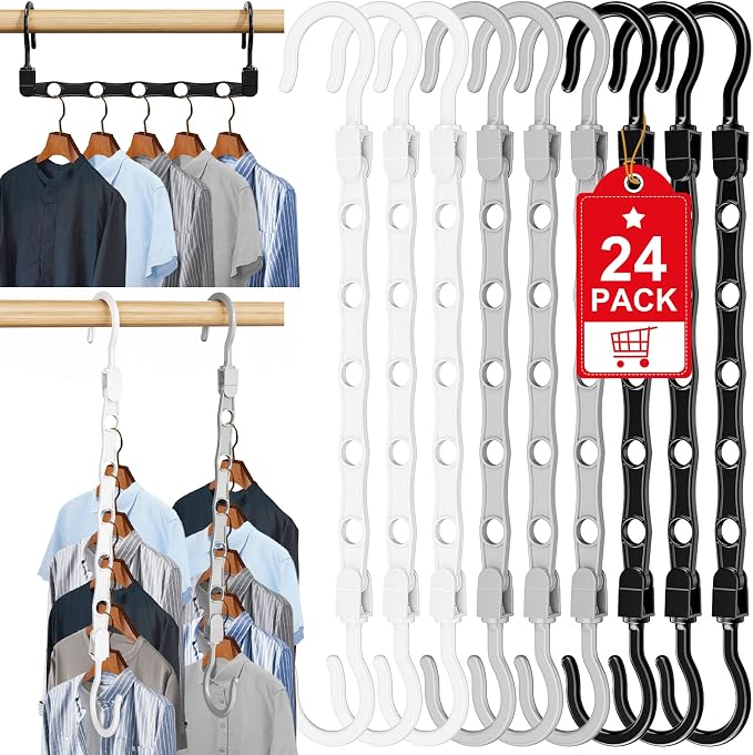 24 Pack Hangers Space Saving Magic Space Saver Hangers Black White Grey | Smart Clothes Hanger Organizer Closet Organizers and Storage for Closet Wardrobe Apartment College Dorm Room Essentials
