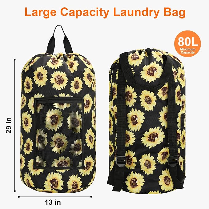 Laundry Bag Backpack Durable Laundry Bag with Shoulder Straps and Mesh Pockets Portable Laundry Hamper Dirty Clothes Bag for College, Travel, Laundromat, Apartment (Sunflower, 2 Pack)