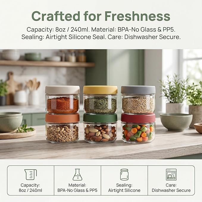 EONJOE 8 oz Small Glass Containers with Lids, Food Storage Jars, 6pk | Perfect for Chia Pudding Jam Snacks Yogurt Overnight Oats Candy ,Dishwasher safe,Airtight