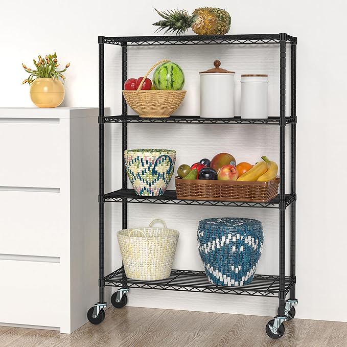 Folews 4-Tier Storage Shelving Unit with Wheels, Metal Rolling Storage Shelves NSF Adjustable Layer Steel Rack Shelf, Wire Shelving Storage for Kitchen Garage Pantry Office, Black (14D x 36W x 57H)