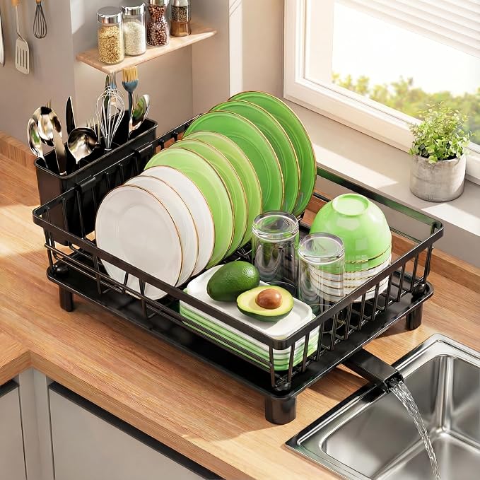 Dish Drying Rack for Kitchen Counter,Stainless Steel Drainers Rack with Detachable Cutlery Holder,Automatic Drainage System,Anti-Rust Dish Strainer Ideal for Families and Home