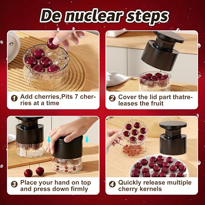 Cherry Pitter Multiple, Quick Release Multi Cherries Stoner Pitter 7-in-1, Push Button Cherry Core Pitter Tool with Splatter Protector, Pit Seed Remover for Making Jam Cherry Dishes