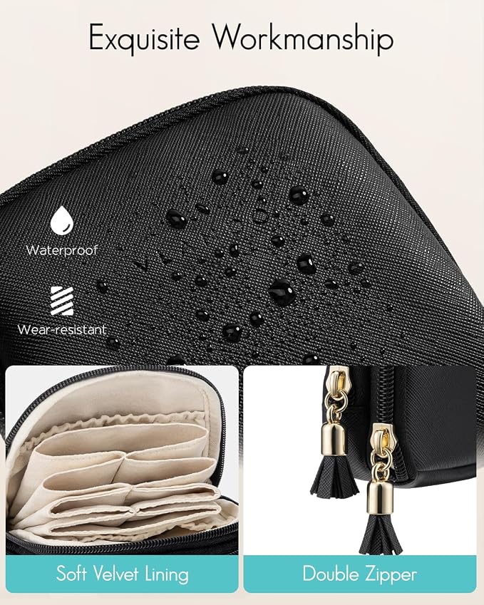 VLANDO 2-Layer Travel Jewelry Organizer for Necklaces,Rings,Earrings | Multi-Compartment Faux Leather Pouch with Velvet Lining Designed for Business Trips,Vacations,Daily Carry,Black