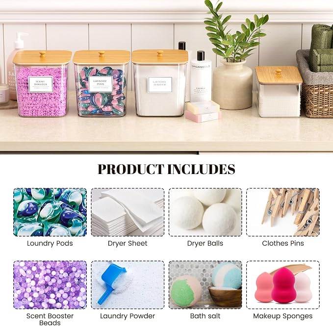 2+1 Pack Laundry Pods Container,Clear Laundry Detergent Powder Storage Containers,Laundry Room Organization Containers with Wooden Lids & Labels,Laundry Pods Holder for Scent Booster,Dryer Ball