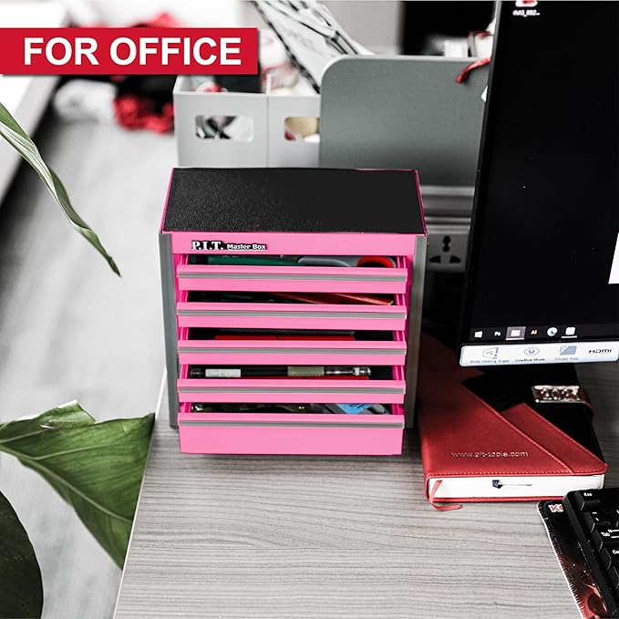 P.I.T. Mini Pink Tool Box, Portable 5-Drawer Micro Roll Cab Steel Tool Box with Liner, Pink Small Tool Case for Tools Storage, Home DIY