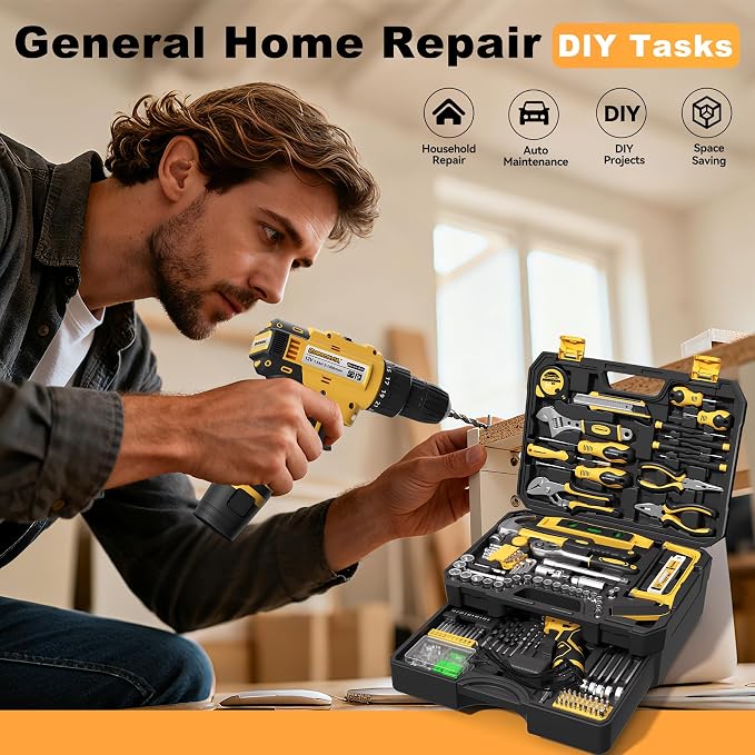 Tool Kit Box Drill Set with 12V Power Cordless Drill 299-Piece Tool Kit for Home Tool Set Storage Case with Drawer General Household Drill Set for Home Mechanics Repairs Men & Women, DIY