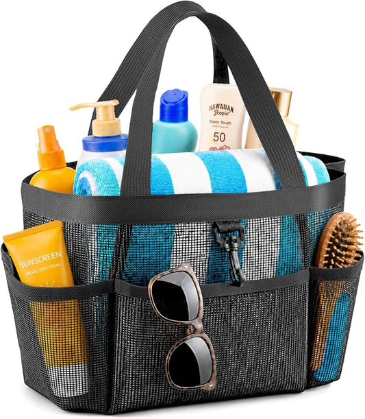 LOYEE Mesh Shower Caddy Portable for College Dorm Room Essentials with 8 Pockets, Shower Bag for Beach, Swimming, Gym, Travel, Bathroom(Black)