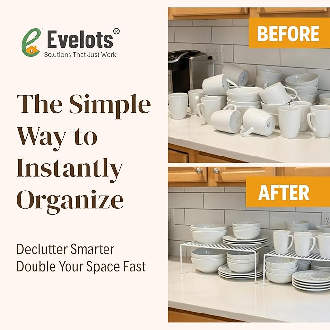 Evelots Wire Shelf Organizer Set, Metal Cabinet Shelf Risers, 6-Pack, White | 6-Pack rustproof metal wire shelf organizers create extra storage space in kitchen cabinets, pantries, freezers and bathrooms