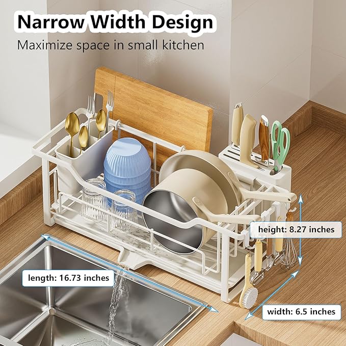 AIDERLY Narrow Dish Drying Rack Dish Drainer, White | Auto Drain, Iron Construction, Removable Cutlery Basket, For Kitchen Counter