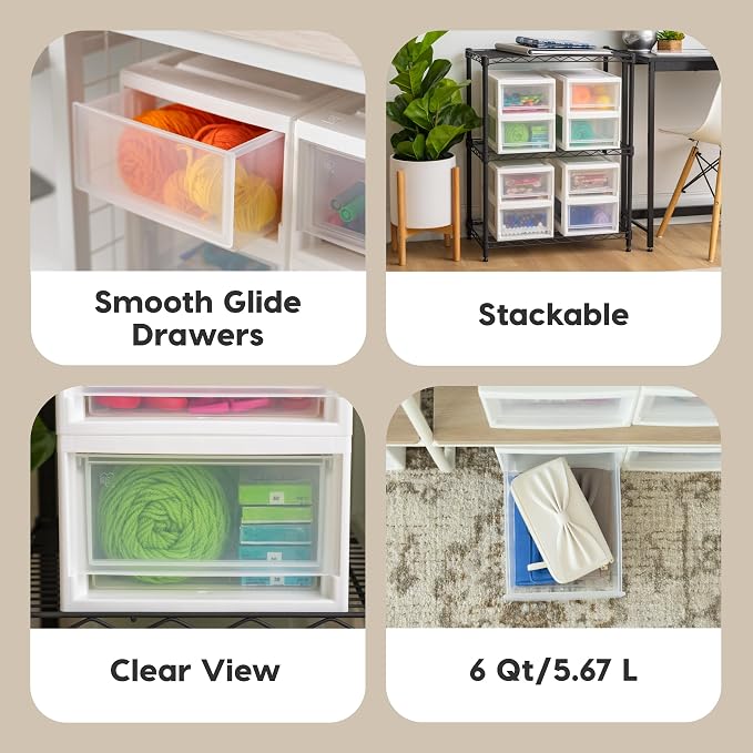 IRIS USA 2-Pack, 6 Qt. Small Stacking Drawer Storage Organizer, White | Keep craft supplies, accessories, office items, and small essentials organized around your home for easy everyday storage