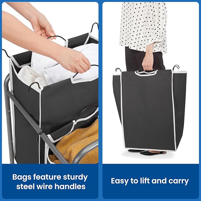 STORAGE MANIAC Laundry Sorter 2 Section, 90L (23.7Gal) Laundry Hamper with Wheels, Clothes Basket Separator Sorter, 2 Bag Cart and Removable Bags for Closet, Dorm, Collage, Black