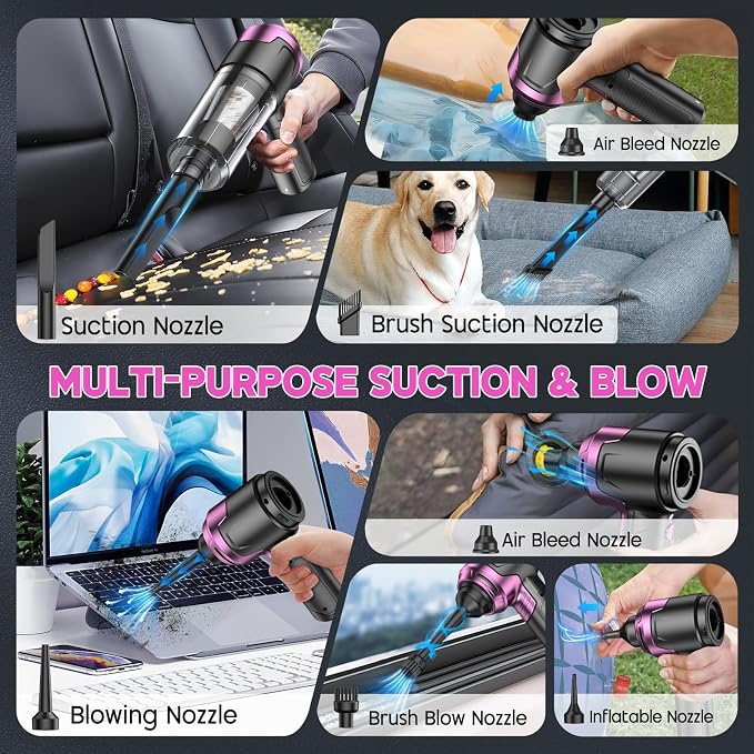 KMM Handheld Car Vacuum Cleaner, Hand Held Vacuum & Air Duster | 10000PA Strong Suction, Portable, 120W High Power, Cordless, Rechargeable, Multi-Nozzles & LED Light, For Home, Car, Office