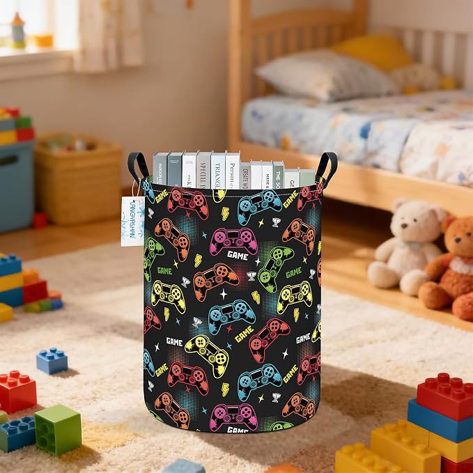 Round Laundry Basket Collapsible Storage Hamper Organizer Game | Waterproof Canvas Foldable Baskets with sturdy Handles Multi-scene Organizer for Home Play Bedroom Gift Bin