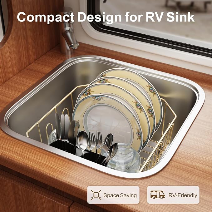 GSlife Small in Sink Dish Drying Rack - Stainless Steel Compact Dish Drainer for RV Kitchen Apartment Sink, Rust Resistant Inside Sink Rack, 1–2 Person Households, 11.6" W x 13.4" L, Champagne Gold