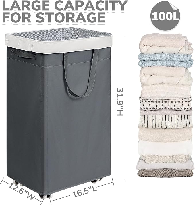 CHICVITA 100L Large Rolling Laundry Basket with Wheels & Wash Bag, Grey | Collapsible design saves space for corners and dorms. Removable wash bag for easy laundry transport