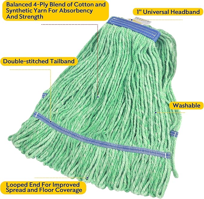 Matthew Cleaning Heavy Duty Mop Head Commercial Replacement for General and Floor Cleaning , Wet Industrial Blue Cotton Looped End String Head Refill (Pack of 3) Green