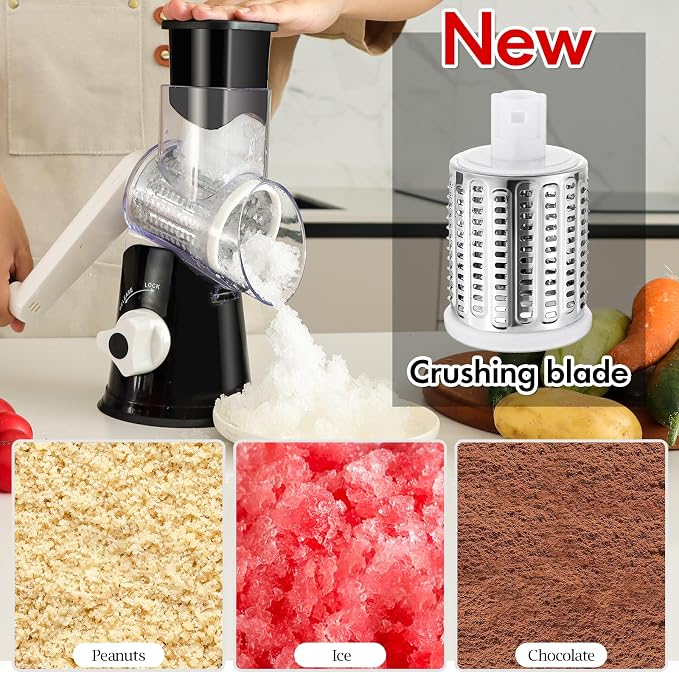 Ourokhome Rotary Cheese Grater Hand Crank, Kitchen Shredder Speed Mandolin Slicer Ice Shaver with Handle and Drum Blades for Cheese, Vegetable, Nuts, Chocolate, Potato, Carrot, 5 Blades, Black