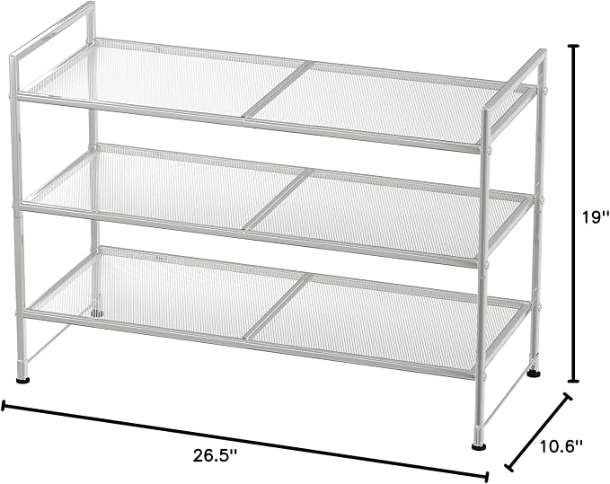 Simple Houseware 3-Tier Stackable Mesh Shoe Rack, Silver | 9 Pairs of Shoes Storage Organizer for Closet, Entryway, Garage & Corridor